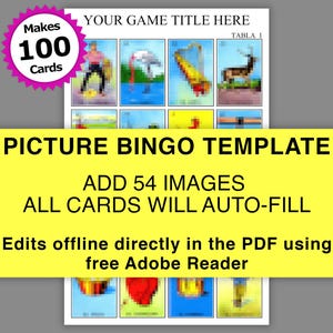 Picture Bingo Template, 100 Cards, 54 Calls, Add Images and Text, Cards Auto-Fill, 4 x 4 Mexican Style Lottery Game Mexican Bingo Cards