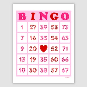 1000 Valentine’s Day Bingo Cards Pdf Download, 1, 2, and 4 Per Page, Instant Printable Fun Party Game, Colorful Pink Heart