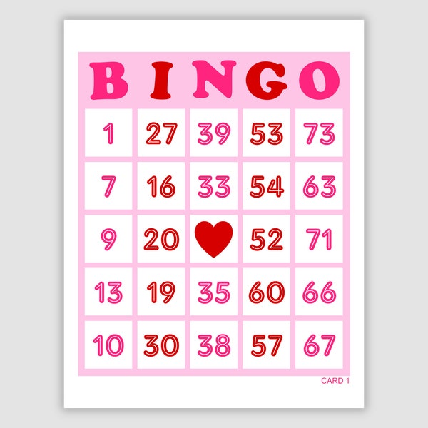 1000 Valentine’s Day Bingo Cards Pdf Download, 1, 2, and 4 Per Page, Instant Printable Fun Party Game, Colorful Pink Heart