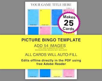 Plantilla de lotería mexicana, 25 cartones, 54 llamadas, añade imágenes y texto, autocompletado de cartones, bingo de imágenes estilo mexicano de 4 x 4, cartones de bingo editables.