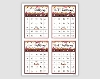 May include: Four Thanksgiving bingo cards with a fall theme. Each card has a 5x5 grid with numbers and a free space in the center. The cards are brown with a watercolor design of fall leaves and berries.