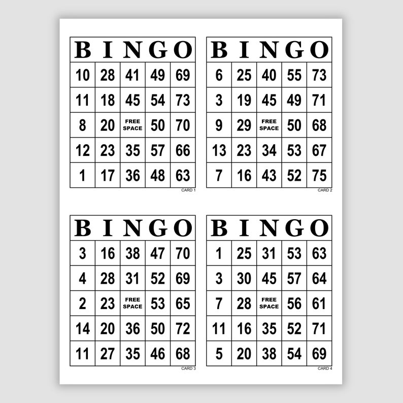 Simple black and white standard 75 call bingo card pdf that prints 4 per page
