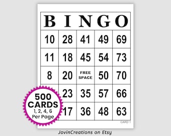 500 Jumbo Printable Bingo Cards Pdf Download, 1, 2, 4, and 6 Per Page Party Game, Large Print Simple Black and White Standard 75 Call Bingo
