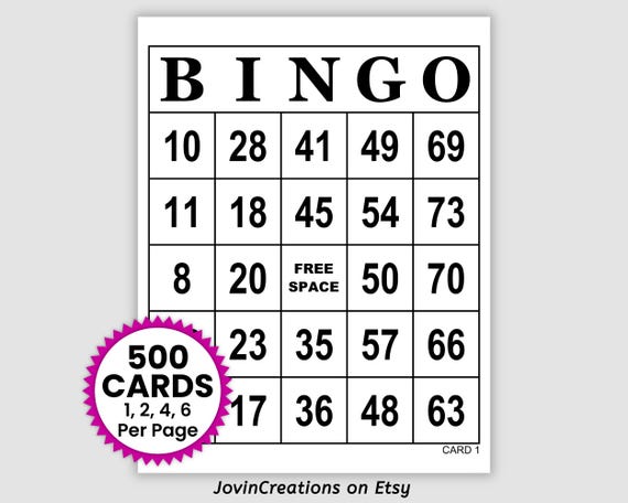 500 Jumbo Printable Bingo Cards Pdf Download, 1, 2, 4, and 6 Per Page Party Game, Large Print Simple Black and White Standard 75 Call Bingo