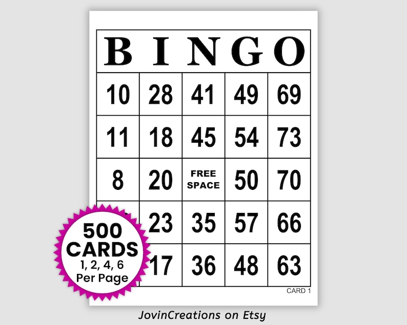 500 Jumbo Printable Bingo Cards Pdf Download, 1, 2, 4, and 6 Per Page Party Game, Large Print Simple Black and White Standard 75 Call Bingo image 1