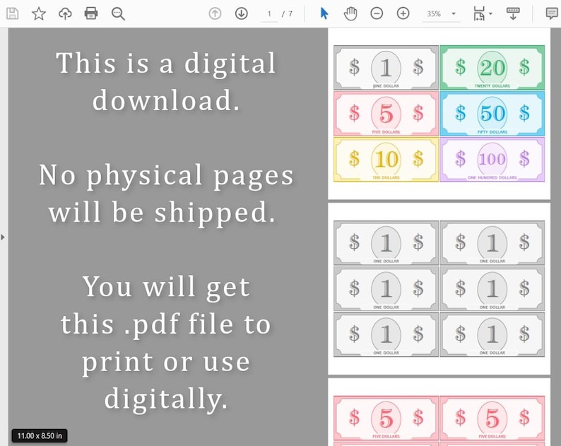 Pretend Play Money Dollars Printable PDF Game Money Classroom Bucks ...
