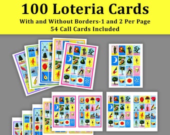 100 Loteria Cards Pdf Download, 1 and 2 Per Page, 54 Call, Instant Printable Fun Party Game, Loteria Mexicana, Lotería Fiesta Juego De Bingo
