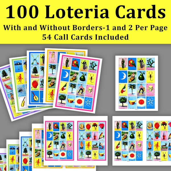 100 Loteria Cards Pdf Download, 1 and 2 Per Page, 54 Call, Instant Printable Fun Party Game, Loteria Mexicana, Lotería Fiesta Juego De Bingo