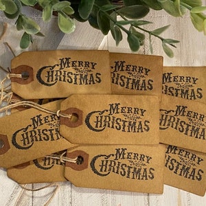 25 Small Black MERRY CHRISTMAS Primitive Coffee Stained Price Hang Tags gift lot 2-3/4" x 1-1/4"