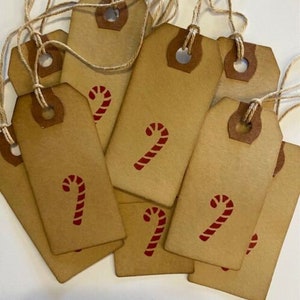 25 Small 2-3/4&quot; x 1-1/4&quot; red hand stamped candy canes Primitive Coffee Stained handmade Christmas Hang Tags farmhouse country gift