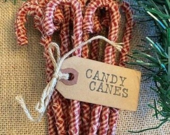 12 Primitive Small Check Barn Red Homespun Fabric Candy Canes FREE SHIPPING * Coffee Stained Hand Stamped Hang Tag * Christmas  Ornaments