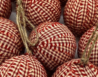 10 Primitive Barn Red Small Check Fabric Rag Balls Christmas Ornaments farmhouse decor bowl filler homespun fabric