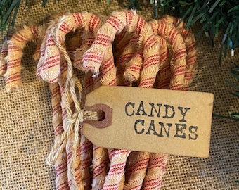 12 Primitive Striped Homespun Fabric Candy Canes Coffee Stained Hand Stamped Hang Tag  Christmas Ornaments Farmhouse Decor