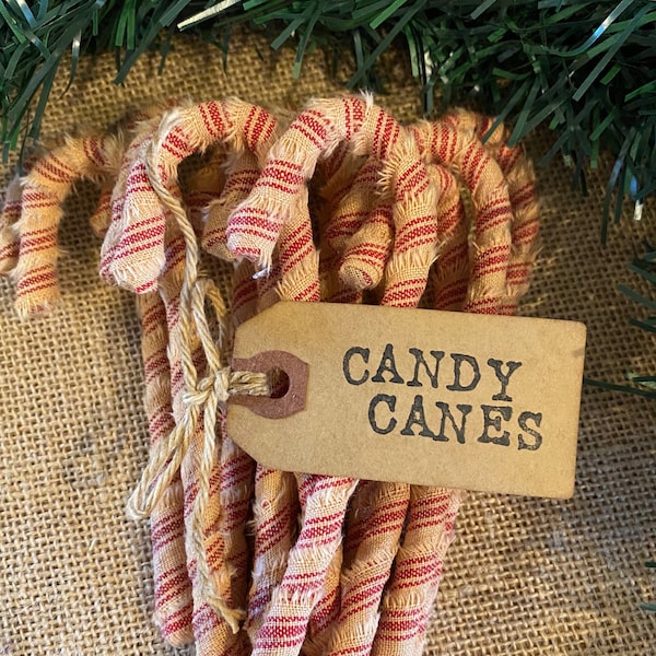 12 Primitive Striped Homespun Fabric Candy Canes Coffee Stained Hand Stamped Hang Tag  Christmas Ornaments Farmhouse Decor