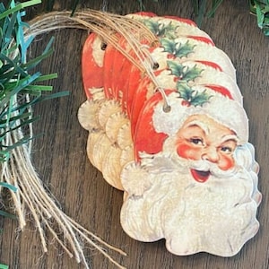 8 Primitive Jolly Santa Face Die Cut hang gift tags Farmhouse Christmas 2-1/2" x 2"