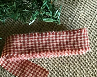 4 Yard Primitive Fabric Strip 1" wide Barn Red Homespun small check Christmas decor ribbon Farmhouse