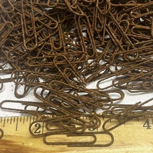 May include: A large pile of metal paper clips with a heavy brown rust coating. The paper clips are positioned over a wooden ruler that shows the length of a single paper clip is approximately 1.25 inches from end to end.
