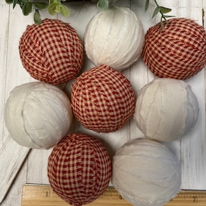 8 Primitive Barn Red Small Check and off white muslin Fabric Rag Balls farmhouse decor bowl filler homespun fabric (no hangers)