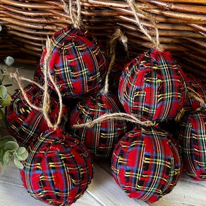 10 Primitive Tartan Red Plaid Fabric Rag Balls Christmas Ornaments  farmhouse decor bowl filler homespun rustic cabin