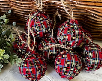10 Primitive Tartan Red Plaid Fabric Rag Balls Christmas Ornaments  farmhouse decor bowl filler homespun rustic cabin