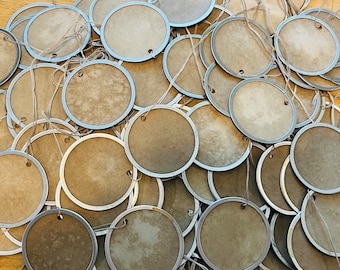 25 large 2-1/4" Metal Rim Round Circle Coffee Stained Primitive Gift Hang Tags Price Farmhouse rustic decor crafts jars junk journals gifts