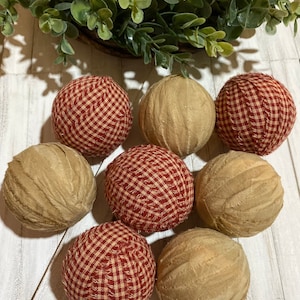 8 Primitive Barn Red Small Check and coffee stained muslin Fabric Rag Balls farmhouse decor bowl filler homespun fabric (no hangers)