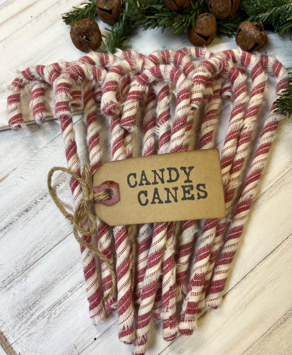 Patriotic 12 Primitive red Striped Homespun Fabric Candy Canes Coffee Stained Hand Stamped Hang Tag  Christmas Ornaments Farmhouse Decor