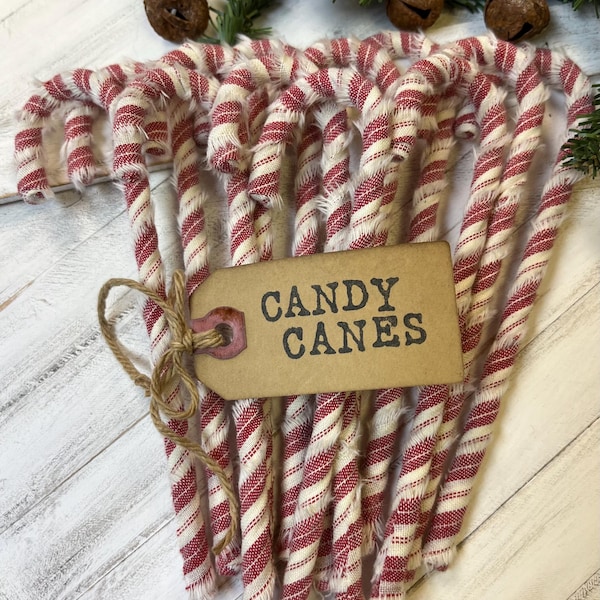 New item! 12 Primitive Striped Homespun Fabric Candy Canes Coffee Stained Hand Stamped Hang Tag  Christmas Ornaments Farmhouse Decor