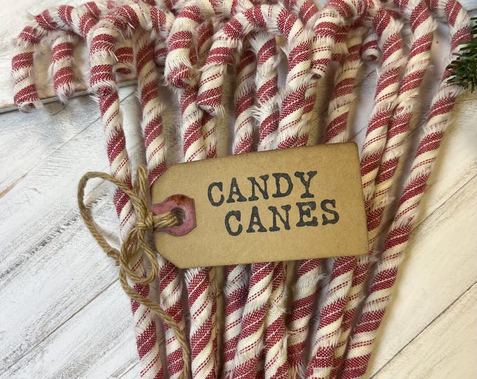 12 Primitive red Striped Homespun Fabric Candy Canes Coffee Stained Hand Stamped Hang Tag  Christmas Ornaments Farmhouse Decor