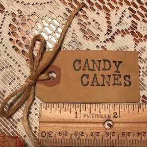 25 Small Black CANDY CANES hand stamped Primitive Coffee Stained Price Hang Tags gift lot 2-3/4&quot; x 1-1/4&quot;