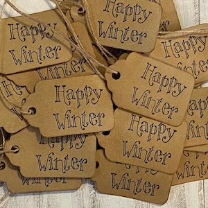 25 xsmall HAPPY WINTER Christmas coffee stained hand stamped Hang Tags