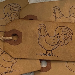 25 Small Black Chicken Rooster Primitive Coffee Stained Price Hang Tags gift lot hand stamped farmhouse rustic