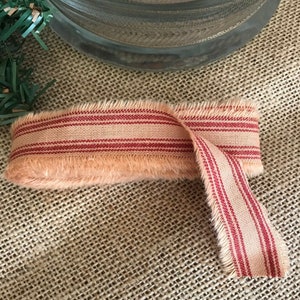 4 Yard Primitive Red Tan Fabric Strip Homespun Ticking Stripe ~ Christmas Farmhouse Ribbon Decor Rustic Crafts