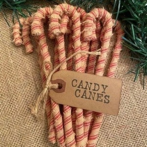 12 Primitive Striped Homespun Fabric Candy Canes Coffee Stained Hand Stamped Hang Tag  Christmas Ornaments Farmhouse Decor discontinued