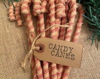 12 Primitive Striped Homespun Fabric Candy Canes Coffee Stained Hand Stamped Hang Tag  Christmas Ornaments Farmhouse Decor discontinued