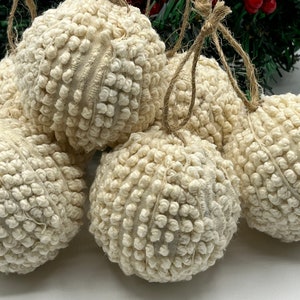 6 handmade chenille hobnail knot vintage farmhouse neutral Christmas ornaments