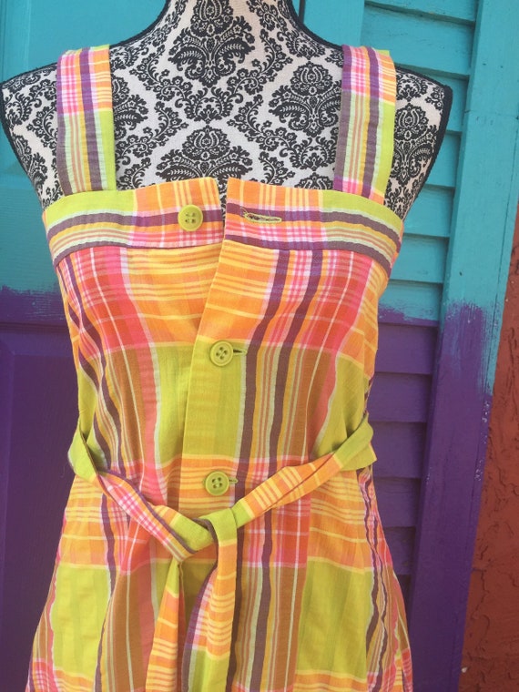 Vintage 1970s Green, Orange, Purple, & Pink Plaid