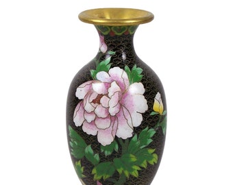 Vintage Chinese Cloisonne Vase Pink Peony Flowers & Blue Bird 7 1/4" Black and Gold