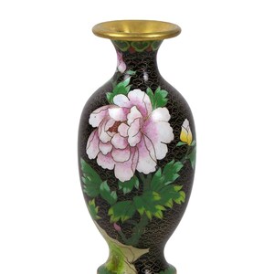 Vintage Chinese Cloisonne Vase Pink Peony Flowers & Blue Bird 7 1/4" Black and Gold