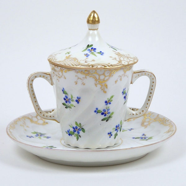 Antique Dresden Tea Cup Hand Painted Flowers Double Handle w/ Lid R Klemm 4 oz