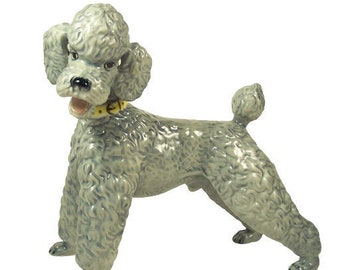 Vintage Porcelain Poodle Dog Figurine Gray w/ Yellow Collar 10 1/2"L x 9 1/4"H