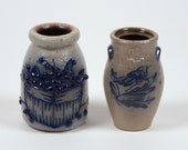 2 Vintage Miniature Stoneware Crocks Rowe Bird Salmon Falls Basket 2 1 2 quot