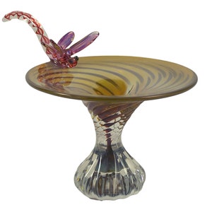 Vintage Iridescent Art Glass Pedestal Trinket Dish Dragonfly Signed