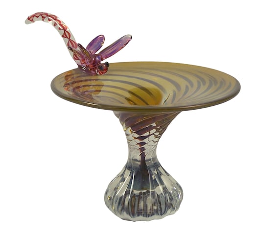 Vintage Iridescent Art Glass Pedestal Trinket Dis… - image 1