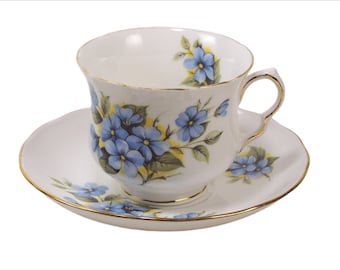 Vintage Queen Anne Bone China Footed Tea Cup & Saucer Forget Me Not Flowers