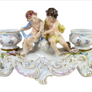 Vintage Sitzendorf Figural Inkwell Inkstand Putti & Urns Porcelain Figurine
