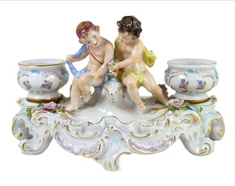 Vintage Sitzendorf Figural Inkwell Inkstand Putti & Urns Porcelain Figurine