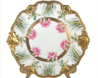 Vintage Legrand Limoges Teller Ladegerät 13" handbemalt Rosa Blumen Schwer Gold