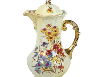 Pot de chocolat antique Rudolstadt Floral sur fleurs de marguerite jaune Perles gaufrées