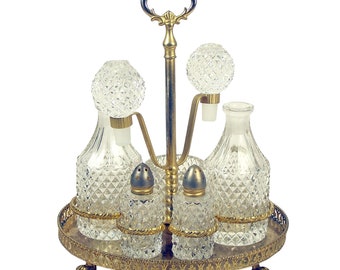 Vintage 5 Piece Cut Crystal Cruet Set w/ Gilt Brass Paw Footed Stand